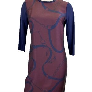 Lauren Ralph Lauren Women's XL Midi Straps &Stirrups Pattern Dress Burgundy/Navy